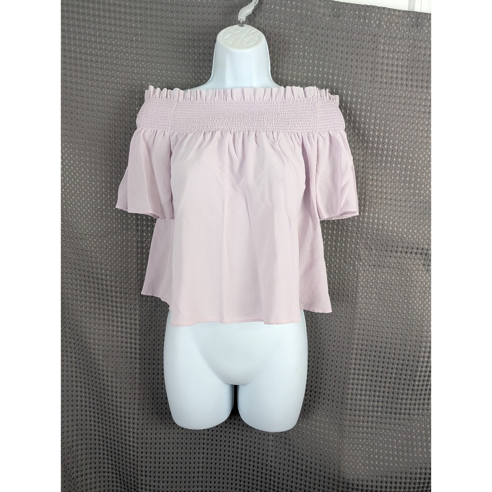 7 For All Mankind Pink 100% Silk Off‎ Shoulder Smocked Crop Top Boho Blouse XS